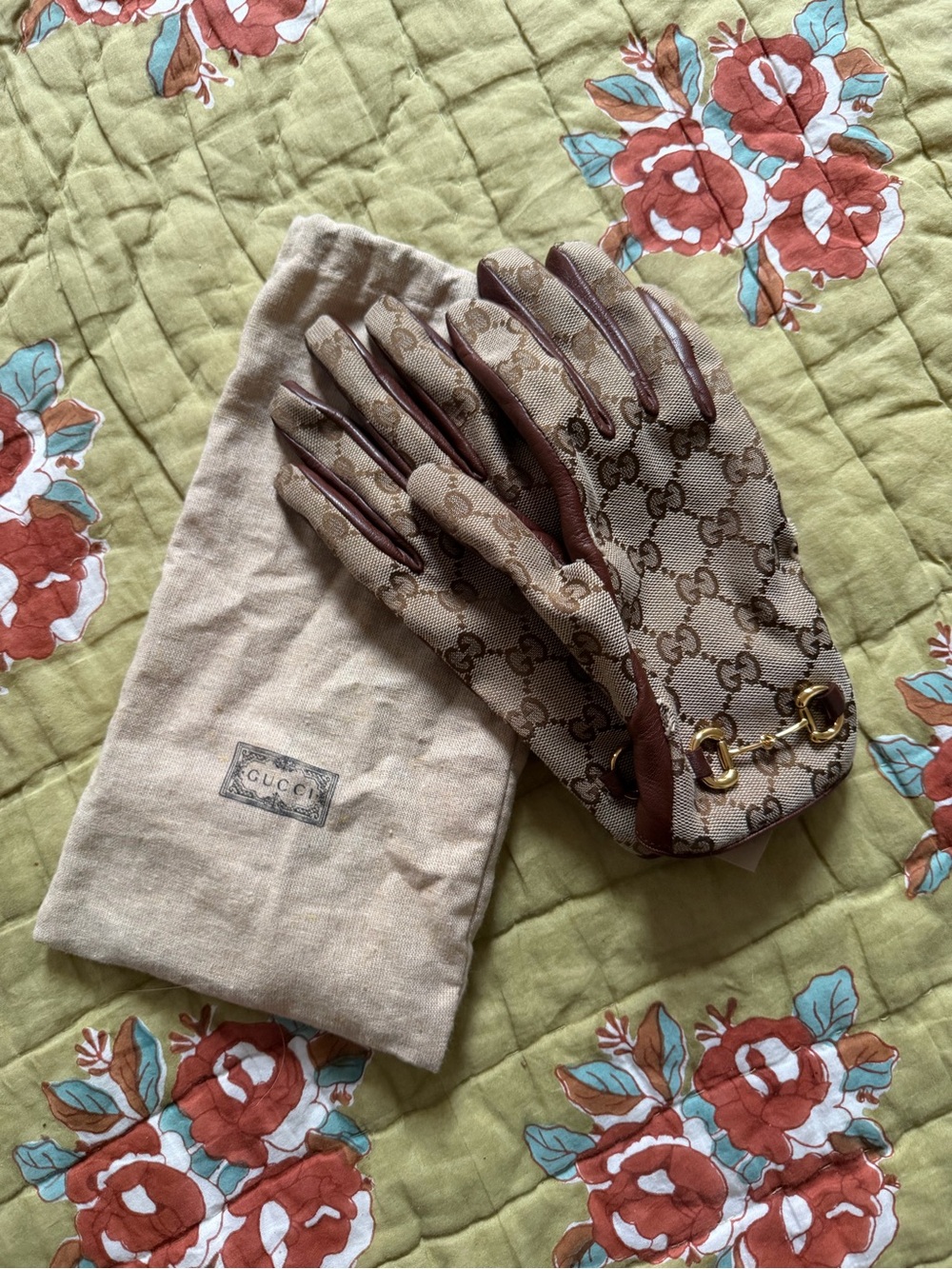 Gucci Beige GG Canvas and Brown Leather Gloves with Gold Hardware